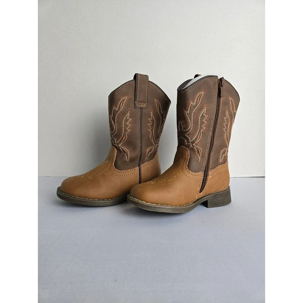 Kids Brown Western Cowboy Boots Side Zip Square Toe Size 6 Toddler